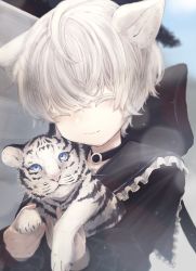 Rule 34 | 1boy, absurdres, animal ears, blush, bow, choker, closed eyes, colored eyelashes, highres, male focus, original, pale migi, pale skin, ribbon, smile, stuffed toy, tiger, tiger ears, white hair, white tiger