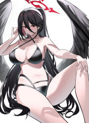 Rule 34 | 1girl, absurdres, angel wings, bare arms, bare legs, bare shoulders, bikini, black bikini, black hair, black wings, blue archive, blush, breasts, cleavage, closed mouth, collarbone, criss-cross halter, elinnasky, feathered wings, hair between eyes, hairband, halo, halterneck, hasumi (blue archive), highleg, highres, large breasts, long hair, looking at viewer, low wings, navel, red eyes, simple background, sitting, smile, solo, stomach, swimsuit, thighs, very long hair, white background, wings
