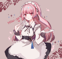 Rule 34 | 1girl, apron, black ribbon, blunt bangs, blush, cake, chewing, dress, food, fork, girls&#039; frontline, hair ribbon, highres, holding, holding fork, holding plate, long hair, long sleeves, maid, maid apron, maid headdress, night1122, ntw-20 (girls&#039; frontline), ntw-20 (the aristocrat experience) (girls&#039; frontline), official alternate costume, pink eyes, pink hair, plate, ribbon, simple background, solo