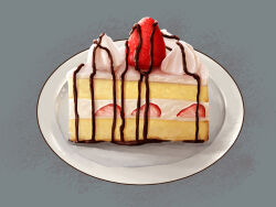 Rule 34 | cake, cake slice, chocolate syrup, food, food focus, fruit, highres, kaneko ryou, no humans, original, plate, simple background, still life, strawberry, strawberry shortcake