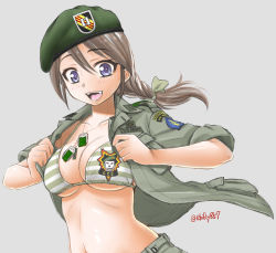 Rule 34 | 1girl, :d, badge, beret, blush, bra, braid, breasts, brown hair, dog tags, ebifly, fangs, green bra, green hat, green jacket, green pants, grey background, hair between eyes, hat, jacket, large breasts, long hair, looking at viewer, military, military uniform, navel, open clothes, open jacket, open mouth, original, pants, purple eyes, simple background, single braid, smile, solo, striped bra, striped clothes, twitter username, underwear, uniform, upper body