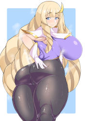 Rule 34 | 1girl, ahoge, artist request, ass, ass grab, blonde hair, blue eyes, blush, breasts, cameltoe, deep skin, dianna soreil, embarrassed, from behind, from below, gloves, gundam, highres, huge ass, huge breasts, leotard, long hair, looking back, looking down, shiny clothes, shiny skin, sideboob, solo, thick thighs, thighs, thong leotard, turn a gundam, very long hair