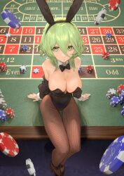 Rule 34 | 1girl, absurdres, animal ears, black leotard, bow, bowtie, breasts, commentary, detached collar, detached sleeves, english commentary, fake animal ears, fishnet pantyhose, fishnets, from above, green eyes, green hair, hair between eyes, highres, io (io oekaki), large breasts, leotard, looking at viewer, original, pantyhose, parted lips, playboy bunny, poker chip, rabbit ears, roulette table, short hair, sitting, solo, table, thigh gap