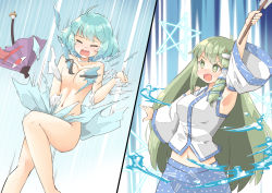 Rule 34 | + +, 2girls, aqua skirt, arm up, arnest, bare shoulders, blue hair, blue skirt, blush, breasts, commission, detached sleeves, frog hair ornament, gohei, green eyes, green hair, hair between eyes, hair ornament, holding, japanese clothes, karakasa obake, kochiya sanae, large breasts, long hair, multiple girls, navel, nontraditional miko, open mouth, short hair, skeb commission, skirt, snake hair ornament, tatara kogasa, torn clothes, torn skirt, touhou, umbrella, wide sleeves