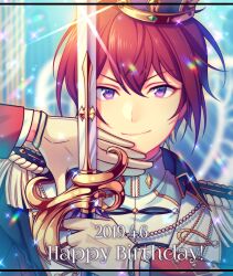 Rule 34 | 1boy, blurry, blurry background, chiyu (silverxxxx), closed mouth, commentary request, crown, dated, ensemble stars!, epaulettes, gloves, hands up, happy birthday, holding, holding sword, holding weapon, long sleeves, looking at viewer, male focus, purple eyes, red hair, short hair, solo, suou tsukasa, sword, upper body, weapon