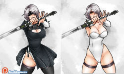 Rule 34 | 1girl, areola slip, black blindfold, black dress, black thighhighs, blindfold, breasts, cameltoe, cleavage, covered eyes, cowboy shot, dress, grey hair, hair over one eye, highleg, highleg leotard, highres, holding, holding sword, holding weapon, jago dibuja, large breasts, leotard, multiple views, nier (series), nier:automata, parted lips, short hair, strapless, strapless leotard, sword, thighhighs, weapon, white leotard, 2b (nier:automata)