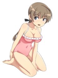 Rule 34 | 1girl, barefoot, black ribbon, blue eyes, braid, breasts, brown hair, cleavage, commentary, covered navel, frilled swimsuit, frills, full body, hair ribbon, kneeling, leaning forward, looking at viewer, lynette bishop, medium breasts, nanashino, one-piece swimsuit, open mouth, pink sweater, ribbon, simple background, single braid, smile, solo, strike witches, sweater, swimsuit, white background, world witches series