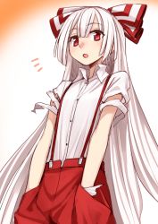 Rule 34 | 1girl, albino, flat chest, fujiwara no mokou, gradient background, hair ornament, hair ribbon, hands in pockets, kumadano, long hair, looking at viewer, open mouth, pants, red eyes, ribbon, shirt, short sleeves, simple background, solo, torn clothes, torn sleeves, touhou, very long hair, white hair