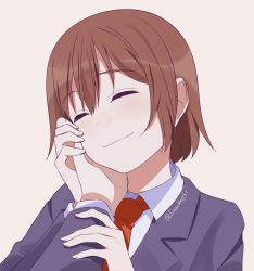 Rule 34 | 1girl, 1other, artist name, bad id, bad twitter id, blazer, brown hair, closed eyes, commentary request, grey background, hand on another&#039;s face, highres, jacket, kill me baby, necktie, oribe yasuna, red neckwear, school uniform, short hair, simple background, smile, tsuki (rrap5725), twitter username, upper body, white background