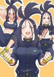 Rule 34 | 1girl, abs, alternate costume, anagumasan, armpits, arms behind head, arms up, black hair, black jacket, black pants, black tank top, blush, breasts, cleavage, clenched hands, closed eyes, commentary request, creatures (company), dendra (pokemon), exercising, fingerless gloves, food, forehead, game freak, gloves, highres, holding, holding plate, jacket, large breasts, looking at viewer, multiple views, muscular, muscular female, nintendo, open mouth, orange eyes, pants, plate, pokemon, pokemon sv, scar, scar on face, scar on forehead, shoes, smile, sneakers, sweat, tank top, teeth, track jacket, upper teeth only, yellow background, yellow footwear, yellow gloves, zipper