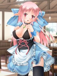 Rule 34 | 1girl, :o, apron, black bra, black thighhighs, blurry, blurry background, blush, bow, bra, braid, breasts, cafe, checkered floor, collar, corset, covered erect nipples, crown braid, eyes visible through hair, french braid, frilled apron, frills, hair bow, indoors, kanna hisashi, large bow, large breasts, long hair, looking at viewer, name tag, original, panties, panty peek, pink hair, pink panties, pointy ears, puffy short sleeves, puffy sleeves, red eyes, short sleeves, solo, thighhighs, torn clothes, underwear, waist apron, waitress, wrist cuffs