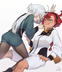 Rule 34 | 2girls, absurdres, ahoge, ass, asticassia school uniform, blush, eye contact, green eyes, grey eyes, gundam, gundam suisei no majo, hairband, highres, leg between thighs, long hair, looking at another, miorine rembran, multiple girls, naughty face, necktie, necktie grab, neckwear grab, open mouth, ponytail, radjeong, red hair, school uniform, shorts, signature, simple background, suletta mercury, sweat, wavy mouth, white background, white hair, yuri
