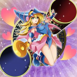 Rule 34 | 1girl, akizawa, bare shoulders, blonde hair, blue footwear, blue hat, blush stickers, boots, breasts, choker, cleavage, dark magician girl, duel monster, green eyes, hair between eyes, hat, highres, holding, holding wand, large breasts, long hair, looking at viewer, magic cylinder, open mouth, solo, staff, wand, wizard hat, yu-gi-oh!, yu-gi-oh! duel monsters