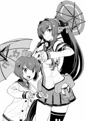Rule 34 | 10s, 2girls, anchor, between fingers, bullet, cherry blossoms, cowboy shot, crayon, detached sleeves, dress, greyscale, headgear, height difference, hip vent, holding, kantai collection, long hair, looking at viewer, monochrome, multiple girls, neckerchief, oil-paper umbrella, open mouth, pleated skirt, ponytail, sailor dress, short hair, single thighhigh, skirt, teeth, thighhighs, umbrella, upper teeth only, watanore, yamato (kancolle), yukikaze (kancolle)