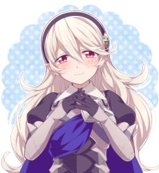 Rule 34 | 1girl, armor, black gloves, black hairband, blonde hair, blue background, blue cape, breastplate, cape, closed mouth, corrin (female) (fire emblem), corrin (fire emblem), fire emblem, fire emblem fates, gloves, hair between eyes, hairband, head tilt, hiyori (rindou66), long hair, looking at viewer, nintendo, polka dot, polka dot background, red eyes, slit pupils, smile, solo, standing, upper body, very long hair, white background