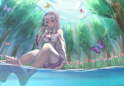 Rule 34 | 10s, 1girl, arm at side, bare shoulders, blouse, blunt bangs, braid, breasts, bug, butterfly, butterfly on hand, cleavage, cloud, crown braid, daisy, day, detached collar, detached sleeves, emilia (re:zero), feet, flower, forest, frilled sleeves, frills, hair flower, hair ornament, hair ribbon, hand up, highres, insect, jewelry, leaf, legs together, long hair, medium breasts, mizuha (zxass0612), nature, no shoes, on ground, outdoors, parted lips, pendant, purple eyes, re:zero kara hajimeru isekai seikatsu, ribbon, see-through, shirt, sidelocks, silver hair, sitting, sky, sleeveless, smile, soaking feet, soles, solo, thighhighs, toes, tree, water, white thighhighs, wide sleeves