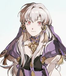 Rule 34 | 1girl, brooch, choker, closed mouth, crying, crying with eyes open, dress, fire emblem, fire emblem: three houses, gold trim, hair ornament, hair tie, highres, jewelry, long hair, looking at viewer, lysithea von ordelia, mimulishizi, nintendo, pink eyes, puffy sleeves, purple dress, solo, tassel, tassel hair ornament, tears, white background, white hair, white sleeves