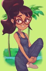 Rule 34 | 1girl, blue overalls, blush, brown eyes, brown hair, collarbone, conoghi, dark skin, denim, disney, glasses, green background, grin, hailey&#039;s on it!, hailey banks, long hair, looking at viewer, overalls, palm tree, ponytail, shoes, sitting, smile, teeth, tree, white footwear