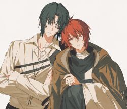 Rule 34 | 2boys, absurdres, bandaged neck, bandages, black hair, black shirt, brown jacket, closed eyes, closed mouth, crossed arms, facing viewer, grey background, highres, idolish7, izumi iori, jacket, jacket on shoulders, konghi98, leaning on person, leaning to the side, looking at another, male focus, multiple boys, nanase riku, parted lips, red eyes, red hair, shirt, short hair, simple background, teeth, white shirt