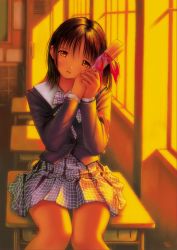 Rule 34 | 1girl, diploma, graduation, highres, kobayashi yuji, sad, school uniform, serafuku, sitting, skirt, solo, tears