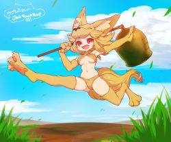 Rule 34 | 1girl, :d, absurdres, animal feet, animal hands, bell, blonde hair, blue sky, blush, bra, breasts, cloud, commentary request, commission, criss-cross halter, day, fang, fox girl, fox hat, fox tail, full body, grass, halterneck, highres, holding, holding staff, looking at viewer, medium breasts, moonlight flower, navel, notora, open mouth, outdoors, panties, ragnarok online, red eyes, running, second-party source, short hair, skeb commission, skin fang, sky, smile, solo, staff, tail, underwear, yellow bra, yellow panties