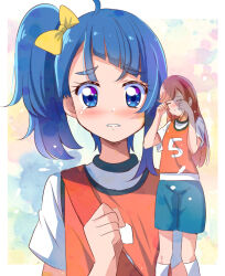 Rule 34 | 2girls, ahoge, alternate hairstyle, blue eyes, blue hair, blush, bow, clenched hand, closed mouth, commentary request, crying, cut bangs, frown, gym shirt, gym shorts, gym uniform, hair bow, hair down, hirogaru sky! precure, long hair, medium hair, mitumi mira, multiple girls, nijigaoka mashiro, open mouth, partial commentary, pink hair, precure, race bib, sad, scene reference, shirt, short sleeves, shorts, side ponytail, single sidelock, socks, sora harewataru, standing, t-shirt, tearing up, tears, white shirt, white socks, wiping tears, yellow bow
