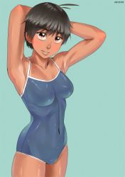 Rule 34 | 1girl, ahoge, aqua background, armpits, arms up, ayumu (zenkou), blush, brown eyes, brown hair, covered navel, cowboy shot, dated, head tilt, one-piece swimsuit, original, parted lips, ribs, short hair, simple background, skin tight, skindentation, smile, solo, standing, swimsuit, tan, zenkou