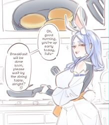 Rule 34 | 1girl, absurdres, animal ear fluff, animal ears, apron, bare shoulders, english text, food, frying pan, highres, holding, holding frying pan, holding spatula, hololive, mature female, medium hair, pancake, pekomama, rabbit ears, rabbit girl, rabbit tail, red eyes, spatula, tail, teeth, thick eyebrows, upper teeth only, virtual youtuber, white hair, yoruny