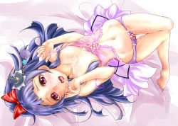 Rule 34 | 1girl, babydoll, barefoot, blue hair, blush, bow, breasts, cum, cum on body, cum on breasts, cum on lower body, cum on upper body, cumdrip, cure magical, daiki, hair bow, hat, izayoi liko, knees together feet apart, lingerie, long hair, looking at viewer, lying, magical girl, mahou girls precure!, mini hat, mini witch hat, navel, on back, open mouth, panties, precure, purple eyes, purple panties, red bow, small breasts, solo, strap lift, strap slip, thigh gap, underwear, witch hat