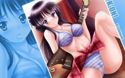 Rule 34 | 00s, 1girl, akiyama mio, black hair, bra, breasts, cameltoe, covered erect nipples, electric guitar, guitar, highres, instrument, k-on!, lingerie, medium breasts, mouth hold, nail polish, obiwan, panties, pink nails, plectrum, purple eyes, see-through, solo, spread legs, striped bra, striped clothes, striped panties, underwear, underwear only, wallpaper, zoom layer