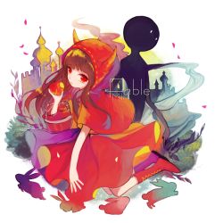 Rule 34 | 1girl, apple, bad id, bad pixiv id, boots, brown hair, castle, cosplay, deemo, deemo (character), expressionless, fable (deemo), food, fruit, girl (deemo), grimm&#039;s fairy tales, hood, little red riding hood, little red riding hood (grimm), little red riding hood (grimm) (cosplay), looking at viewer, song name, yeonie