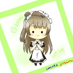 1girl, alice37125, ankle lace-up, apron, artist name, artist request, back bow, birthday, black bow, black bowtie, black dress, black footwear, black high heels, black legwear, black skirt, blush, bow, bowtie, breasts, brown eyes, brown hair, chibi, collared dress, cross-laced footwear, dress, female focus, frilled apron, frilled dress, frilled shirt collar, frilled skirt, frills, full body, green bow, grey hair, hair bow, hair rings, happy birthday, high heels, highres, it&#039;s our miraculous time (love live!), light brown hair, long hair, looking at viewer, love live!, love live! school idol festival, love live! school idol festival all stars, love live! school idol project, maid, maid apron, maid headdress, minami kotori, miniskirt, o o, parted lips, plaid, plaid dress, plaid skirt, pleated, pleated dress, pleated skirt, ponytail, puffy short sleeves, puffy sleeves, short sleeves, side ponytail, skirt, small breasts, smile, solo, standing, white apron, white bow, wing collar, yellow eyes