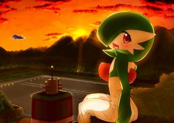Rule 34 | 1girl, aircraft, airplane, airport, blush, cloud, creatures (company), fence, from behind, game freak, gardevoir, gen 3 pokemon, green hair, hair over one eye, hand up, happy, looking at viewer, looking back, looking to the side, mountain, nintendo, open mouth, orange sky, outdoors, pokemon, pokemon (creature), pokemon rse, red eyes, runway, short hair, sitting, sky, smile, solo, sunset, tree, yu yun