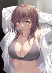 Rule 34 | 1girl, arms behind head, arms up, black bra, blurry, bra, breasts, brown hair, cleavage, collarbone, commentary request, jonsun, large breasts, long hair, open clothes, open shirt, original, parted lips, purple eyes, shirt, sidelocks, solo, teeth, underwear, upper body, white shirt