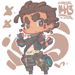 Rule 34 | 1girl, animification, apex legends, black gloves, black jacket, brown eyes, brown hair, character name, chibi, clenched hands, dated, fingerless gloves, gloves, grey pants, highres, jacket, jrpencil, mad maggie (apex legends), pants, shirt, shoulder spikes, solo, spiked gloves, spikes, thick eyebrows, v-shaped eyebrows, white shirt