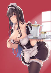 Rule 34 | 1girl, absurdres, alternate costume, apron, black dress, black hair, black thighhighs, breasts, cleavage, closed mouth, collarbone, commentary request, crossed bangs, cup, dress, enmaided, frilled apron, frilled thighhighs, frills, hair between eyes, hair intakes, highres, holding, holding tray, kasumigaoka utaha, large breasts, leaning forward, long hair, looking at viewer, maid, maid apron, maid headdress, puffy short sleeves, puffy sleeves, purple eyes, rebutsu, red background, saenai heroine no sodatekata, short dress, short sleeves, sidelocks, simple background, smile, solo, tea, tea set, teacup, teapot, thighhighs, tray, very long hair, waist apron, white apron, window, wrist cuffs
