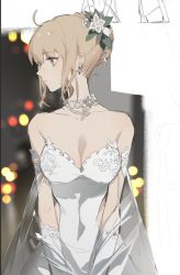 Rule 34 | 1girl, ahoge, alternate costume, artoria pendragon (all), artoria pendragon (fate), bare shoulders, blurry, bokeh, braid, breasts, collarbone, covered navel, cowboy shot, depth of field, dress, earrings, fate/stay night, fate (series), flower, flower necklace, french braid, gloves, hair flower, hair ornament, jewelry, looking to the side, medium breasts, necklace, saber (fate), short hair, solo, strapless, strapless dress, v arms, white gloves, zhibuji loom