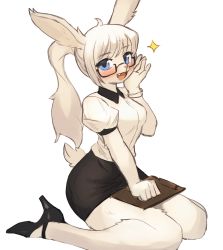 Rule 34 | 1girl, :d, ahoge, animal ears, black-framed eyewear, black footwear, black skirt, blue eyes, blush, borrowed character, breasts, collared shirt, fang, furry, furry female, gloves, hand on own cheek, hand on own face, hand up, high heels, highres, korean commentary, looking at viewer, open mouth, ponytail, rabbit girl, seiza, shirt, short sleeves, sitting, sketch, skirt, smile, snout, solo, sookmo, white shirt