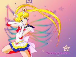 Rule 34 | 1990s (style), 1girl, back bow, bare legs, bishoujo senshi sailor moon, bishoujo senshi sailor moon sailor stars, blonde hair, blue eyes, boots, bow, choker, closed mouth, crescent, crescent earrings, double bun, earrings, elbow gloves, gloves, gradient background, hair bun, hair ornament, head tilt, heart, heart choker, heart necklace, highres, jewelry, long hair, looking at viewer, magical girl, miniskirt, multicolored clothes, multicolored skirt, neck, necklace, non-web source, parted bangs, pleated skirt, red footwear, retro artstyle, sailor moon, see-through, see-through sleeves, short sleeves, skirt, smile, star (symbol), starry background, super sailor moon, tiara, tsukino usagi, twintails, very long hair, wallpaper, white gloves, wings, yellow choker
