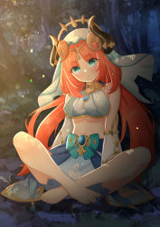 Rule 34 | 1girl, absurdres, arm support, barefoot, blue eyes, blunt bangs, blurry, commentary request, dancer, depth of field, detached sleeves, eyes visible through hair, fake horns, forest, genshin impact, headpiece, highres, horns, indian style, long hair, long sleeves, looking at viewer, low twintails, nature, navel, night, nilou (genshin impact), parted bangs, red hair, sidelocks, sitting, solo, stomach, toes, twintails, veil, vision (genshin impact), yaoli (ysxbd)
