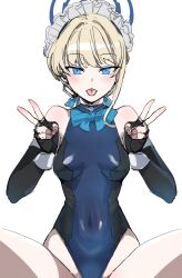 Rule 34 | 1girl, bare shoulders, black gloves, black leotard, blonde hair, blue archive, blue eyes, blue leotard, bow (bhp), breasts, closed mouth, covered navel, double v, elbow gloves, fingerless gloves, gloves, halo, halter leotard, halterneck, highleg, highleg leotard, leotard, looking at viewer, maid headdress, medium breasts, simple background, solo, toki (blue archive), tongue, tongue out, two-tone leotard, v, white background