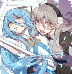 Rule 34 | 2girls, azura (fire emblem), blue hair, corrin (female) (fire emblem), corrin (fire emblem), dress, elbow gloves, fire emblem, fire emblem fates, gloves, hair between eyes, hairband, hand on another&#039;s hip, jewelry, long hair, looking at viewer, multiple girls, nintendo, open mouth, pointy ears, veil, very long hair, yellow eyes, yuri, zuizi