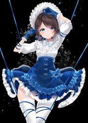 Rule 34 | 1girl, arms up, black background, blue bow, blue dress, blue eyes, blue gloves, blue ribbon, bonnet, bow, brown hair, dress, dress bow, emma woods, freckles, frilled dress, frills, garter straps, gloves, hat, highres, identity v, kanjyu0919, looking at viewer, official alternate costume, ribbon, short hair, solo, standing, thighhighs, water drop, white thighhighs