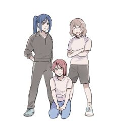 3girls black_pants black_shirt black_shorts blue_hair blue_pants blush closed_eyes closed_mouth commentary_request crossed_arms full_body furrowed_brow grey_hair hand_on_own_hip korean_commentary long_hair looking_at_viewer love_live! love_live!_sunshine!! matsuura_kanan multiple_girls open_mouth orange_eyes pants pito_(sh02327) ponytail red_hair sakurauchi_riko seiza shirt shoes short_hair short_sleeves shorts sidelocks sitting smile standing sweatdrop watanabe_you white_background white_footwear white_shirt yellow_eyes