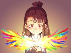 Rule 34 | 1girl, 2017, blush, brown hair, closed mouth, commentary request, happy tears, kagari atsuko, little witch academia, long hair, long sleeves, looking down, pale skin, pixiv, ponytail, red eyes, simple background, smile, solo, spoilers, tears, tei-o, textless version, twitter