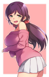 Rule 34 | 1girl, bare shoulders, border, breasts, duke (inu daimyou), green eyes, hair ornament, hair scrunchie, large breasts, long hair, long sleeves, looking at viewer, love live!, love live! school idol project, low twintails, open mouth, pink background, pleated skirt, purple hair, red scrunchie, scrunchie, simple background, skirt, smile, solo, tojo nozomi, twintails, white border, white skirt