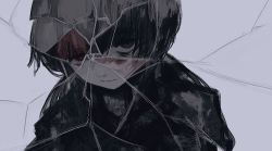Rule 34 | 1girl, @ @, absurdres, black hair, closed mouth, crack, cracked glass, expressionless, fourth wall, grey background, hair between eyes, hair strand, highres, lonzex, looking at viewer, monochrome, original, portrait, short hair, simple background, solo, spot color, white background