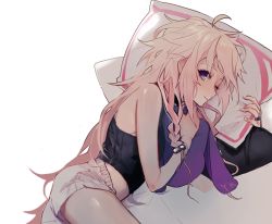 Rule 34 | 1girl, bare shoulders, black shirt, blue eyes, blush, cevio, commentary, crop top, holding, holding pillow, ia (vocaloid), jewelry, light blush, light smile, looking at viewer, looking to the side, lying, on side, one eye closed, pillow, platinum blonde hair, ring, shirt, short shorts, shorts, solo, stuffed toy, v cho3, vocaloid, white background, white shorts