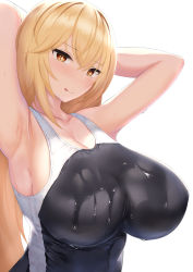Rule 34 | + +, 1girl, 2021, 20s, alternate breast size, armpits, arms behind head, arms up, black one-piece swimsuit, blonde hair, blush, breasts, brown eyes, cleavage, closed mouth, competition swimsuit, female focus, from side, hair between eyes, hands up, highres, huge breasts, kanata (kanade pa), large breasts, light blush, long hair, looking at viewer, looking to the side, matching hair/eyes, multicolored eyes, naughty face, one-piece swimsuit, school swimsuit, shokuhou misaki, simple background, smile, solo, sparkle, sparkling eyes, star-shaped pupils, star (symbol), swimsuit, symbol-shaped pupils, toaru kagaku no railgun, toaru majutsu no index, toaru majutsu no index gaiden: toaru kagaku no mental out, tokiwadai school swimsuit, tongue, tongue out, two-tone eyes, two-tone swimsuit, upper body, wet, wet clothes, wet swimsuit, white background, white one-piece swimsuit, yellow eyes