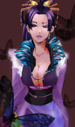 Rule 34 | 1girl, breasts, cleavage, earrings, eyeshadow, hair ornament, japanese clothes, jewelry, large breasts, lipstick, lowres, makeup, nouhime, nouhime (sengoku musou), purple eyes, purple hair, sengoku musou, solo